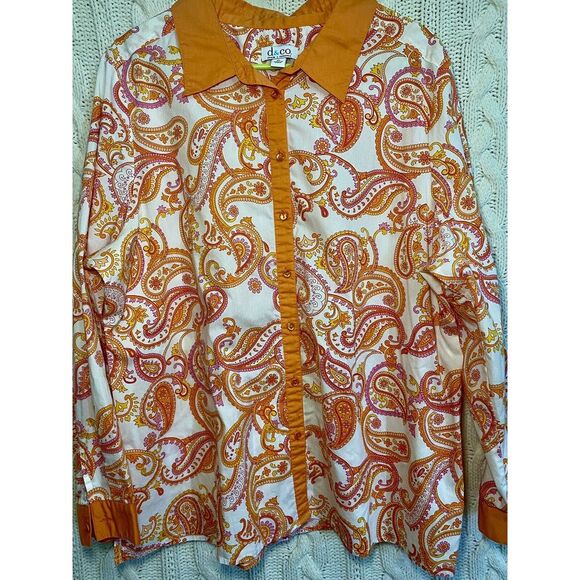 Denim Co Shirt Womens L Blouse Button 70's Vibe Orange Pink - Picture 2 of 8
